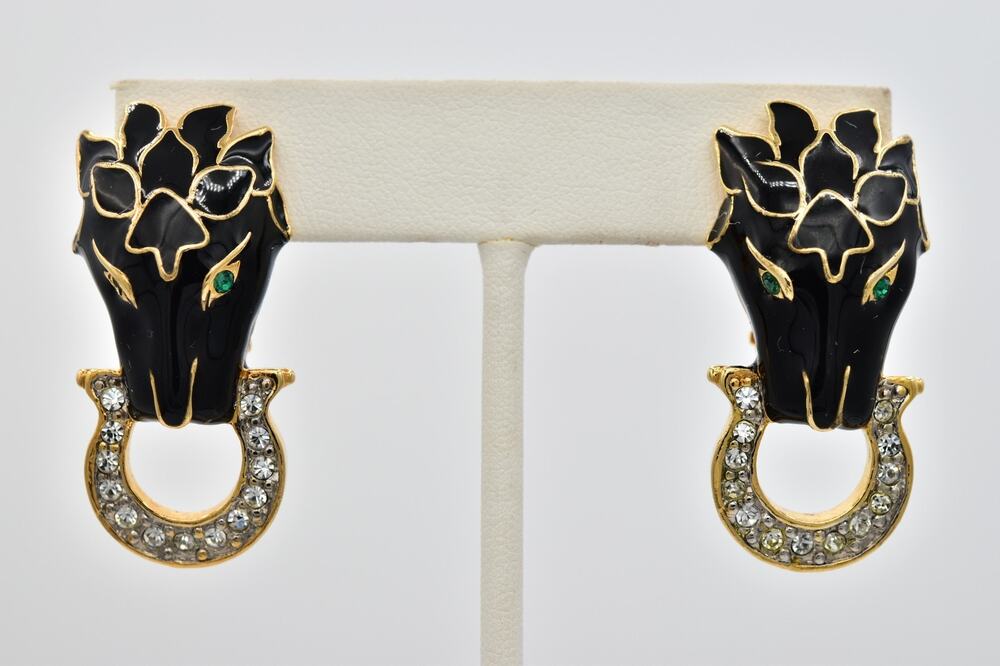 Vintage NOS Ram Head Clip On Earrings Black Green Enamel Gold Crystal 80s BinAR